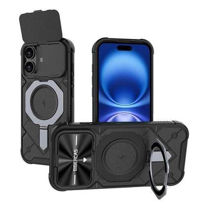 For iPhone 16 Plus Adventurer Series Flip Lens Cover Metal Kickstand Phone Case - Black - EDA009938004A