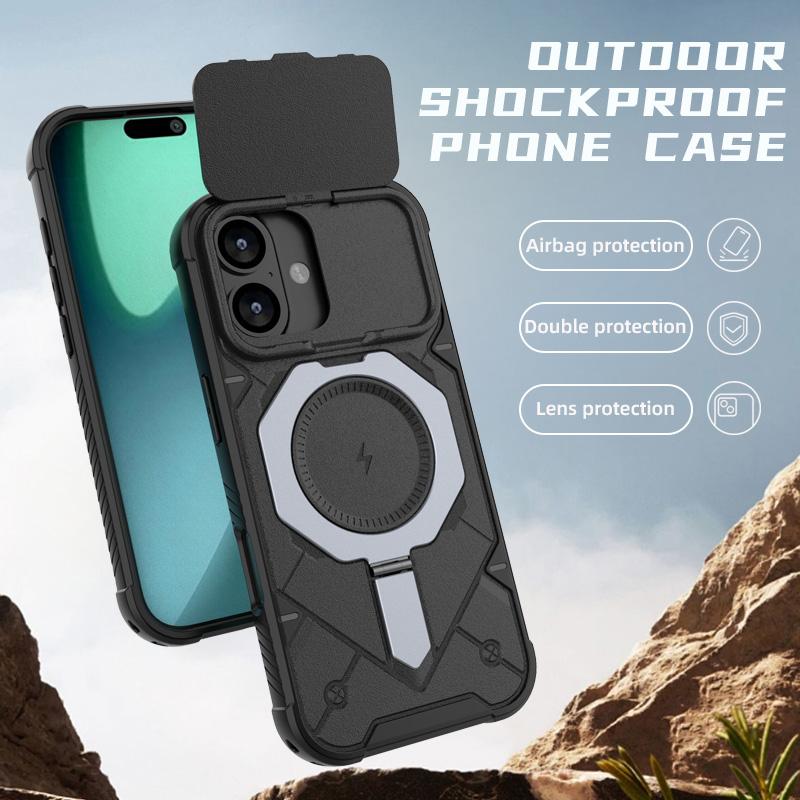 For iPhone 16 Plus Adventurer Series Flip Lens Cover Metal Kickstand Phone Case - Black - EDA009938004A