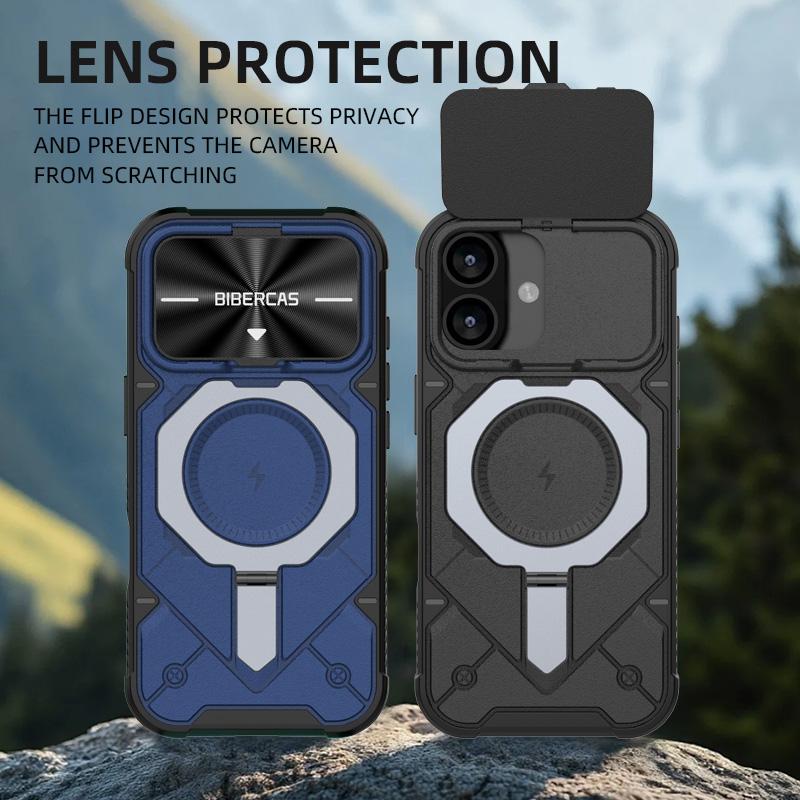 For iPhone 16 Plus Adventurer Series Flip Lens Cover Metal Kickstand Phone Case - Black - EDA009938004A