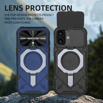 For iPhone 16 Plus Adventurer Series Flip Lens Cover Metal Kickstand Phone Case - Black - EDA009938004A