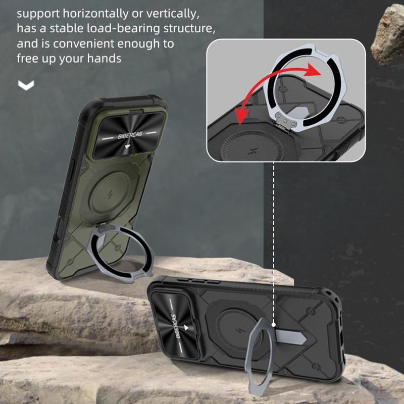 For iPhone 16 Plus Adventurer Series Flip Lens Cover Metal Kickstand Phone Case - Black - EDA009938004A