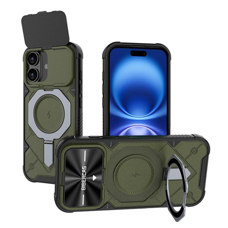For iPhone 16 Plus Adventurer Series Flip Lens Cover Metal Kickstand Phone Case - Army Green - EDA009938004B