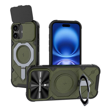 For iPhone 16 Plus Adventurer Series Flip Lens Cover Metal Kickstand Phone Case - Army Green - EDA009938004B
