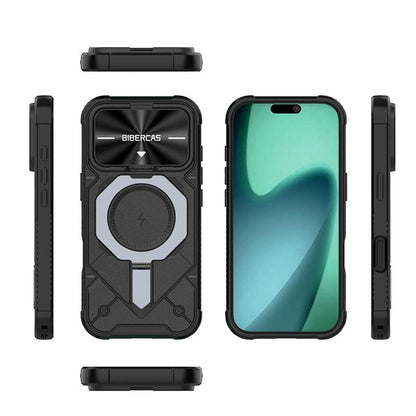 For iPhone 16 Plus Adventurer Series Flip Lens Cover Metal Kickstand Phone Case - Army Green - EDA009938004B