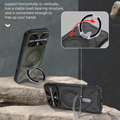 For iPhone 16 Plus Adventurer Series Flip Lens Cover Metal Kickstand Phone Case - Army Green - EDA009938004B