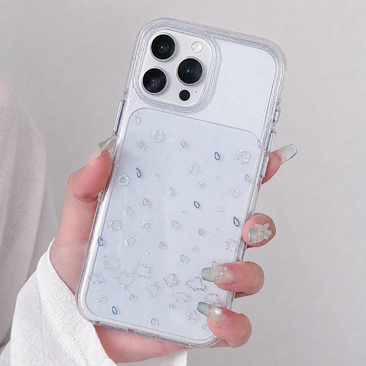 For iPhone 15 Pro Gold-Plated Round Edges Airbag Double-sided IMD Phone Case - Raindrop Little Fish - EDA009946406B