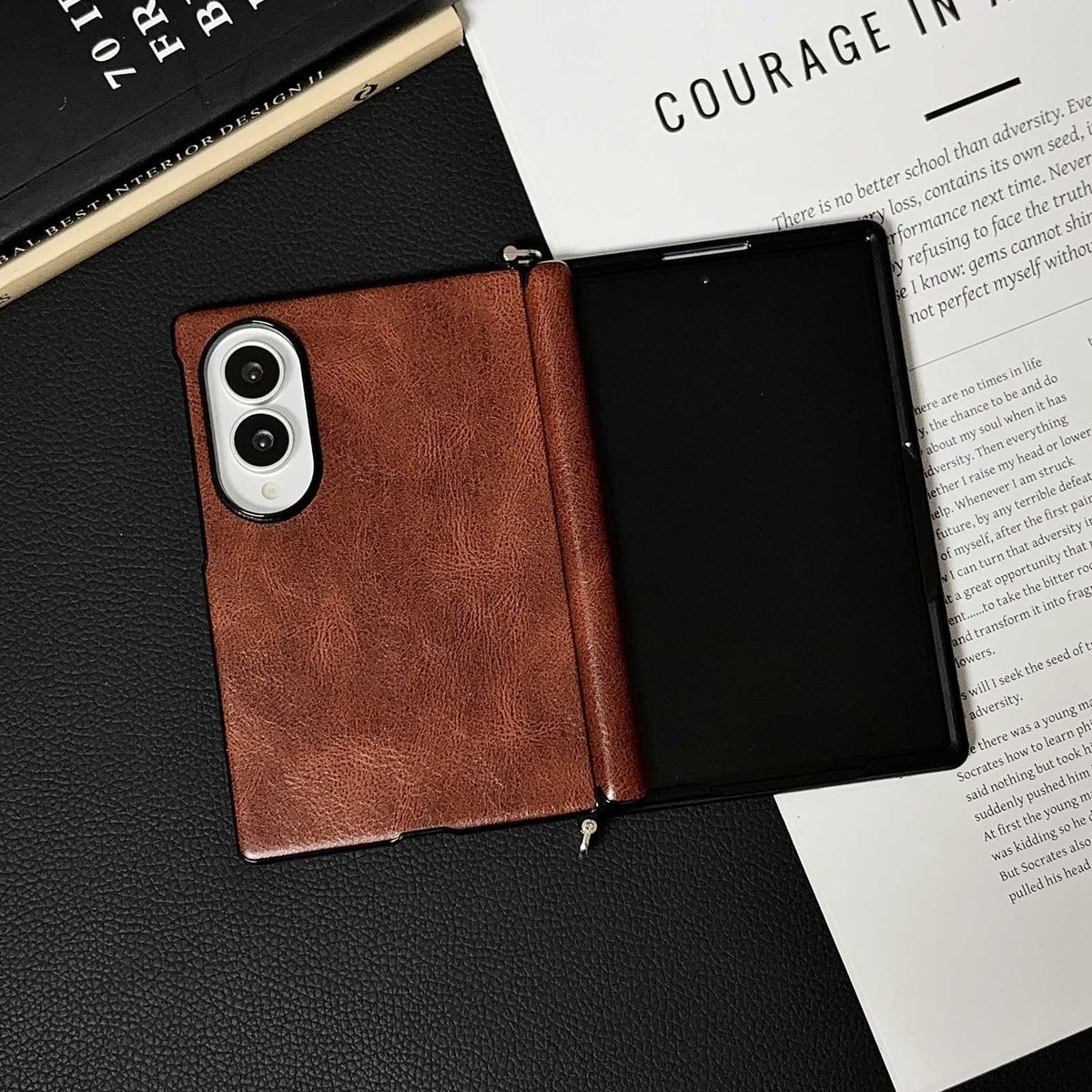 For Galaxy Z Fold8 5G Side Clamp Central Axis Magnetic Crazy Horse Leather Texture Phone Case - Dark Brown - EDA009946601A