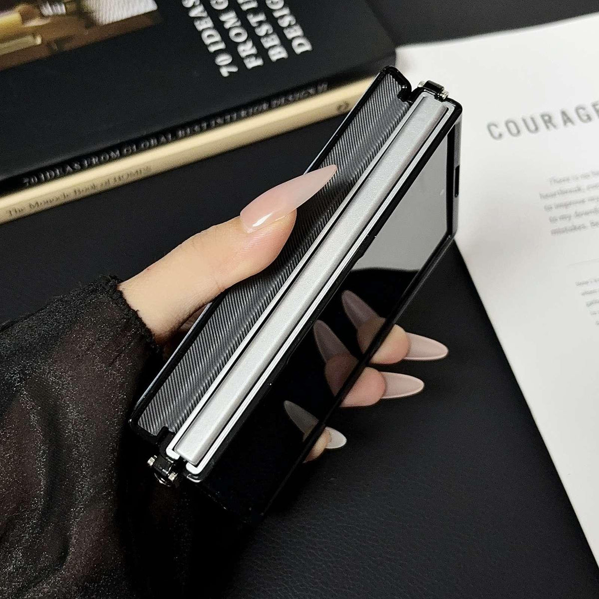 For Galaxy Z Fold8 5G Side Clamp Central Axis Magnetic Crazy Horse Leather Texture Phone Case - Black - EDA009946601C