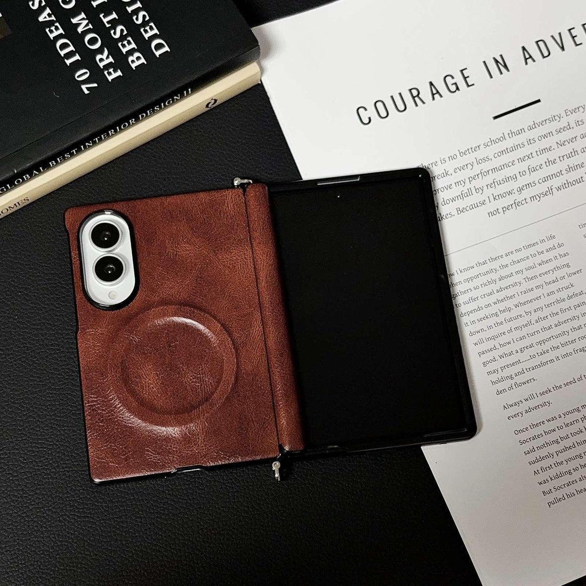 For Galaxy Z Fold8 5G Side Clamp Hinge Crazy Horse Texture Magnetic Leather Phone Case - Dark Brown - EDA009947001A