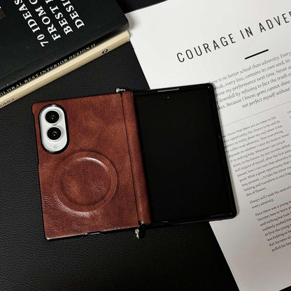 For Galaxy Z Fold8 5G Side Clamp Hinge Crazy Horse Texture Magnetic Leather Phone Case - Dark Brown - EDA009947001A
