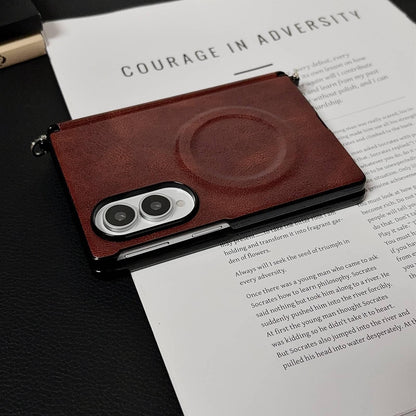 For Galaxy Z Fold8 5G Side Clamp Hinge Crazy Horse Texture Magnetic Leather Phone Case - Dark Brown - EDA009947001A