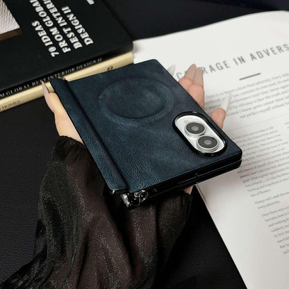 For Galaxy Z Fold8 5G Side Clamp Hinge Crazy Horse Texture Magnetic Leather Phone Case - Blue - EDA009947001B