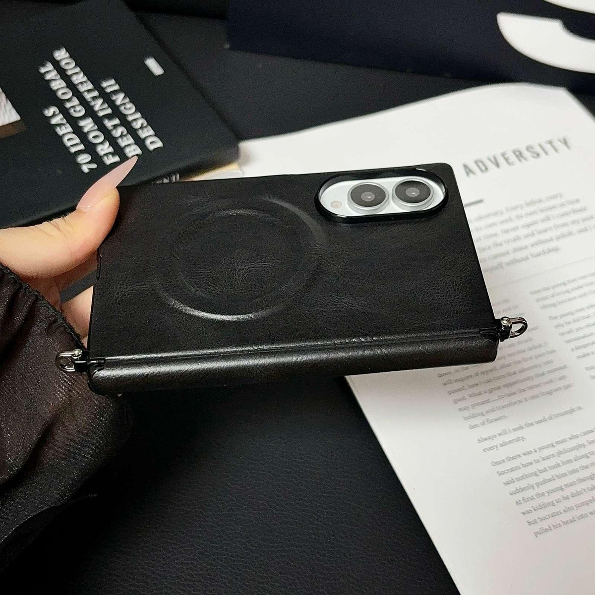 For Galaxy Z Fold8 5G Side Clamp Hinge Crazy Horse Texture Magnetic Leather Phone Case - Black - EDA009947001C
