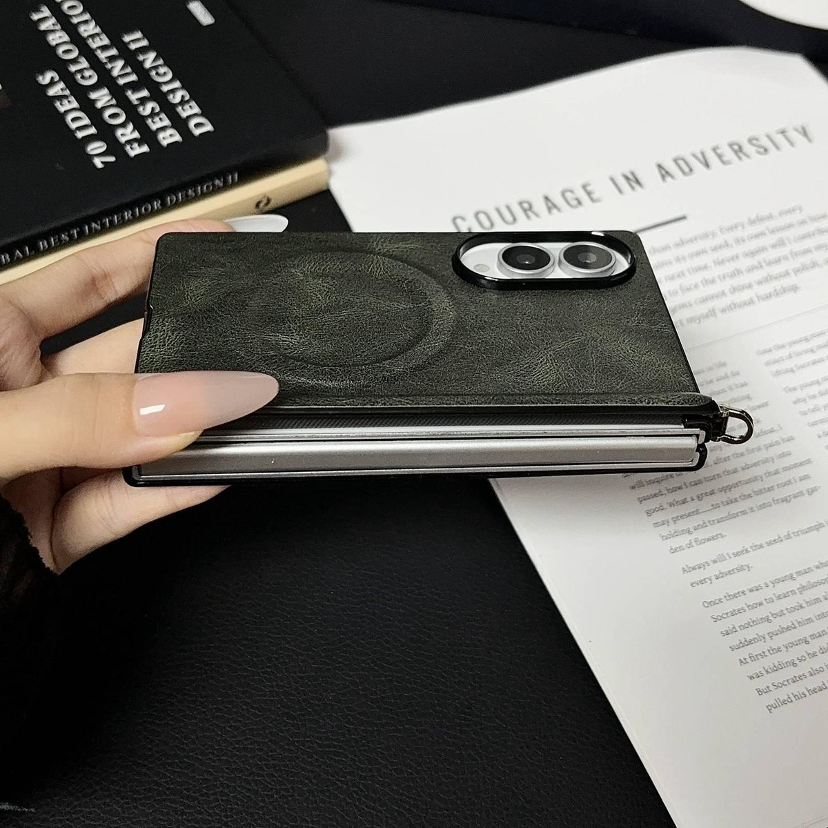 For Galaxy Z Fold8 5G Side Clamp Hinge Crazy Horse Texture Magnetic Leather Phone Case - Green - EDA009947001D