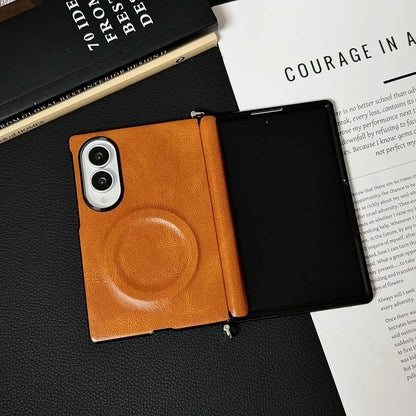 For Galaxy Z Fold8 5G Side Clamp Hinge Crazy Horse Texture Magnetic Leather Phone Case - Light Brown - EDA009947001E
