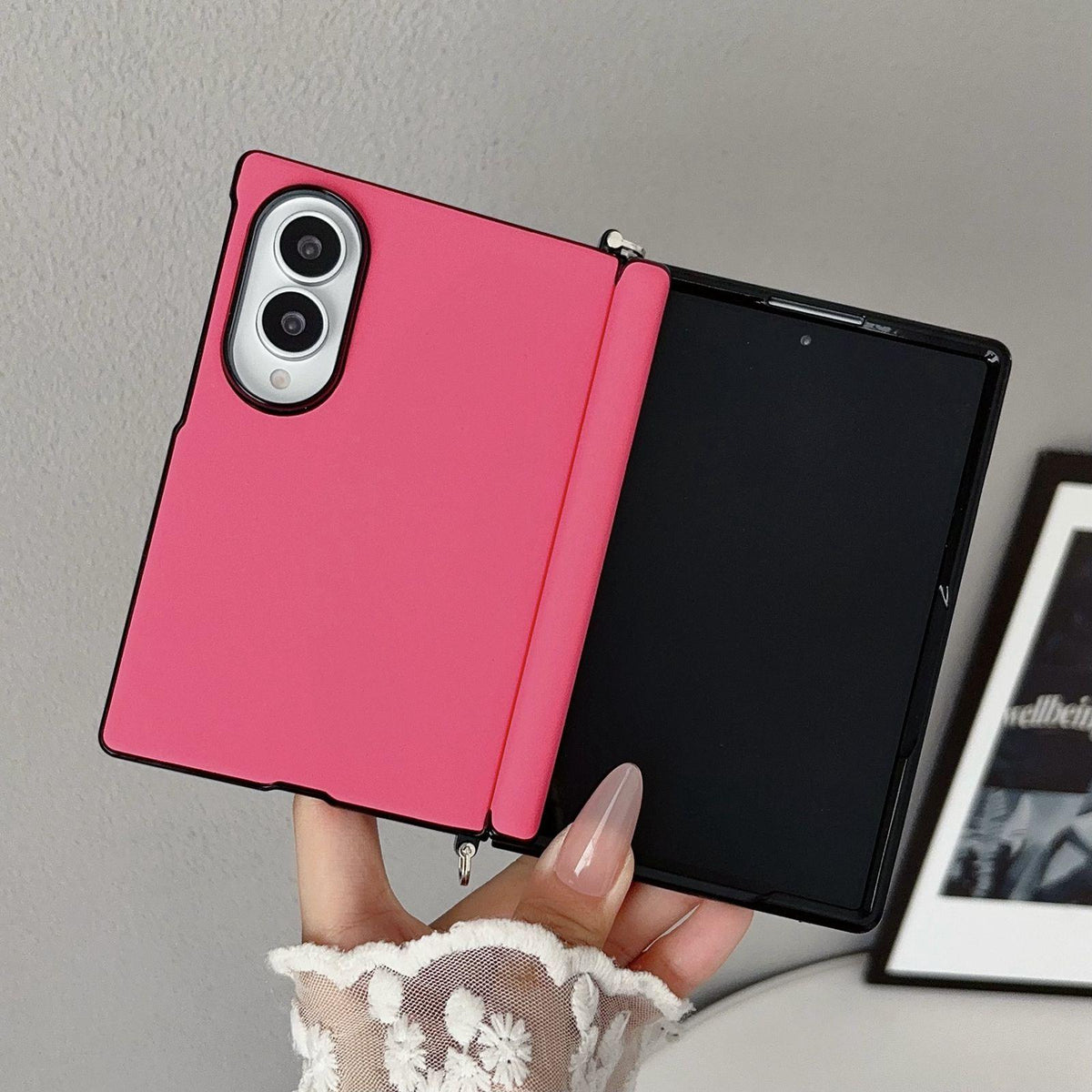 For Galaxy Z Fold8 5G Side Clamp Central Axis Morandi Solid Color Leather Texture Phone Case - Rose Red - EDA009947501B