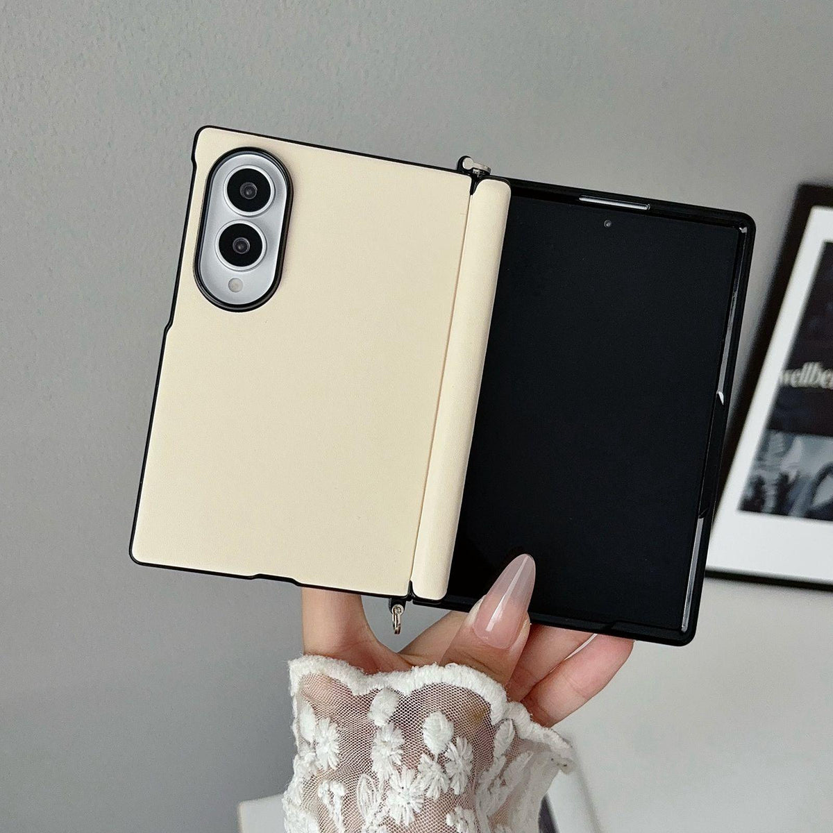 For Galaxy Z Fold8 5G Side Clamp Central Axis Morandi Solid Color Leather Texture Phone Case - Khaki - EDA009947501D