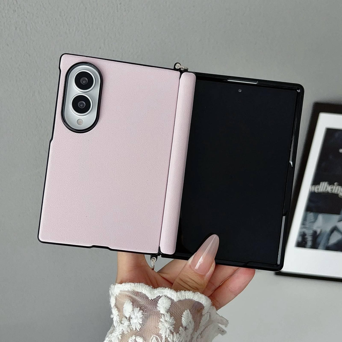 For Galaxy Z Fold8 5G Side Clamp Central Axis Morandi Solid Color Leather Texture Phone Case - Pink - EDA009947501E