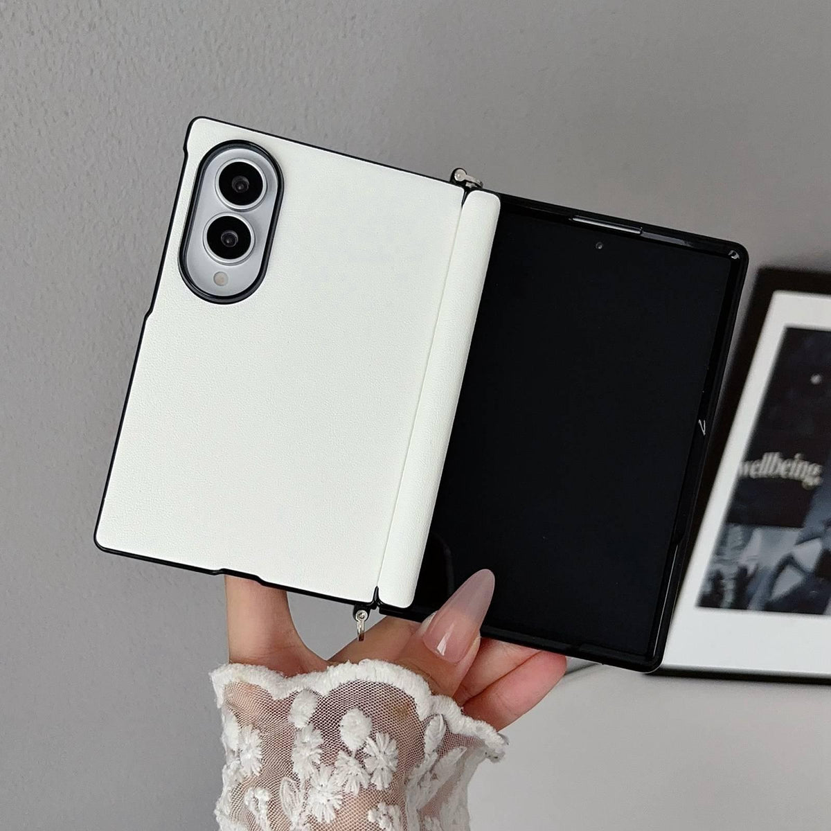 For Galaxy Z Fold8 5G Side Clamp Central Axis Morandi Solid Color Leather Texture Phone Case - White - EDA009947501F