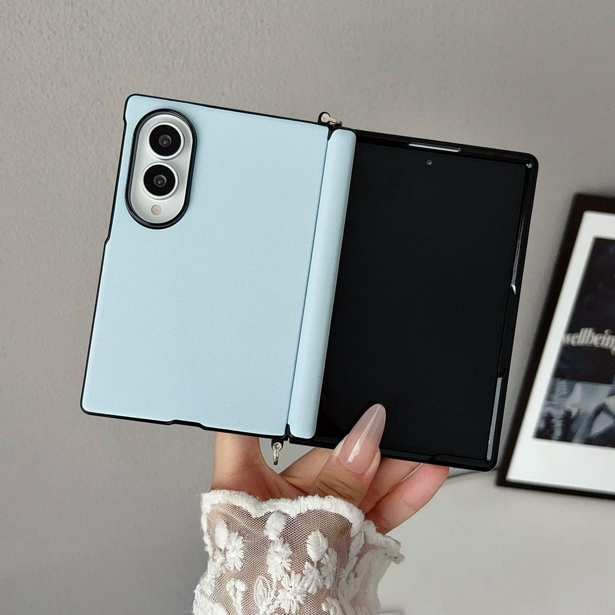 For Galaxy Z Fold8 5G Side Clamp Central Axis Morandi Solid Color Leather Texture Phone Case - Blue - EDA009947501G