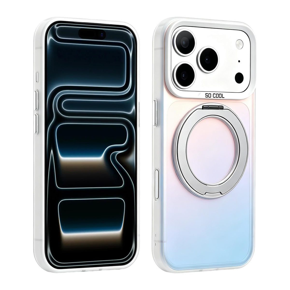 For iPhone 17 Pro Max Aurora 2.0 PC Hybrid TPU Laser Magnetic Phone Case with Rotating Holder - Silver - EDA009948801B