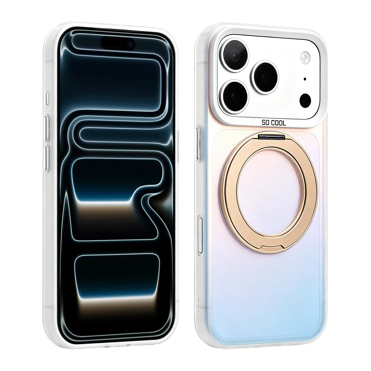 For iPhone 17 Pro Max Aurora 2.0 PC Hybrid TPU Laser Magnetic Phone Case with Rotating Holder - Gold - EDA009948801D