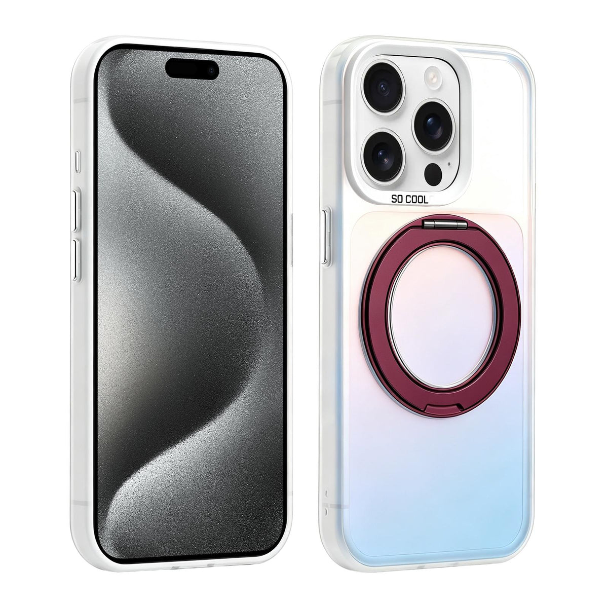 For iPhone 15 Pro Aurora 2.0 PC Hybrid TPU Laser Magnetic Phone Case with Rotating Holder - Wine Red - EDA009948808C