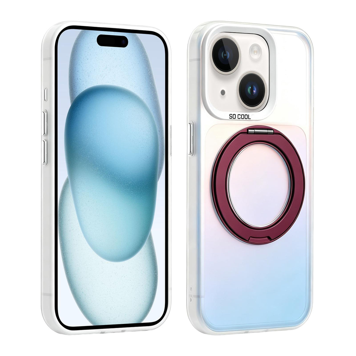 For iPhone 15 Aurora 2.0 PC Hybrid TPU Laser Magnetic Phone Case with Rotating Holder - Wine Red - EDA009948809C