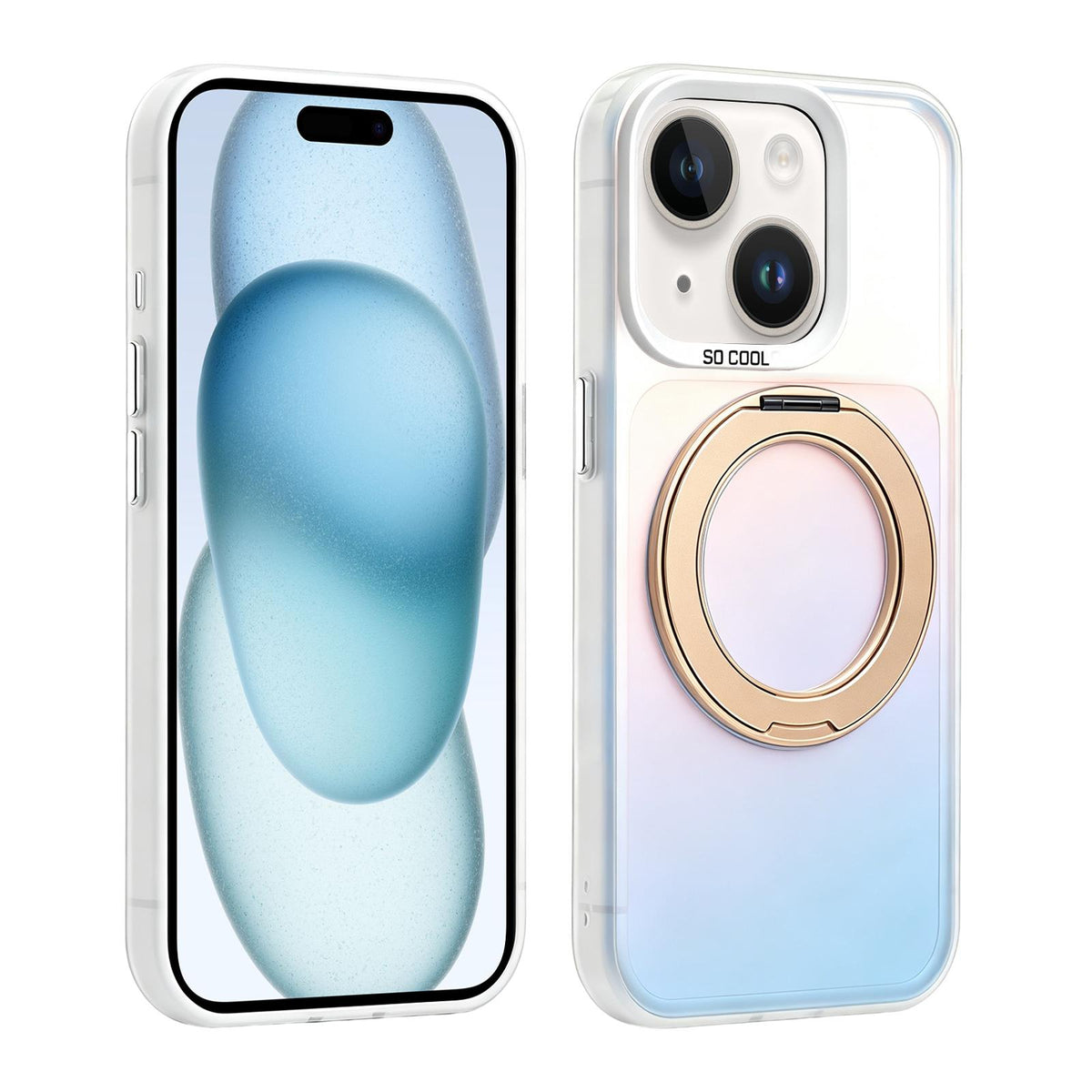 For iPhone 15 Aurora 2.0 PC Hybrid TPU Laser Magnetic Phone Case with Rotating Holder - Gold - EDA009948809D