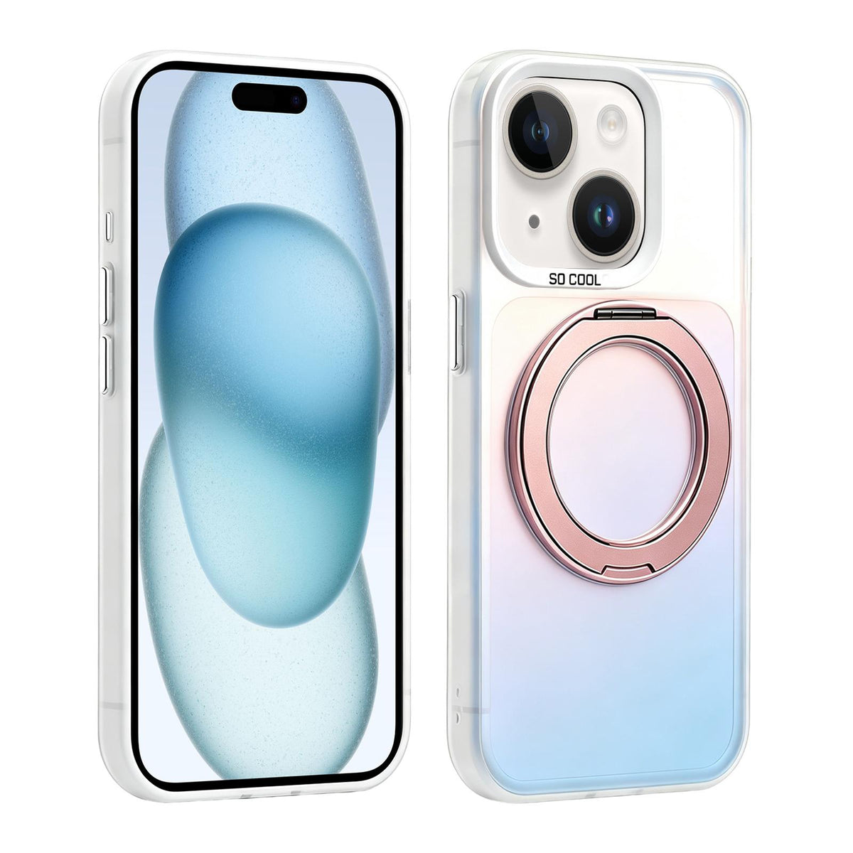 For iPhone 15 Aurora 2.0 PC Hybrid TPU Laser Magnetic Phone Case with Rotating Holder - Rose Gold - EDA009948809E