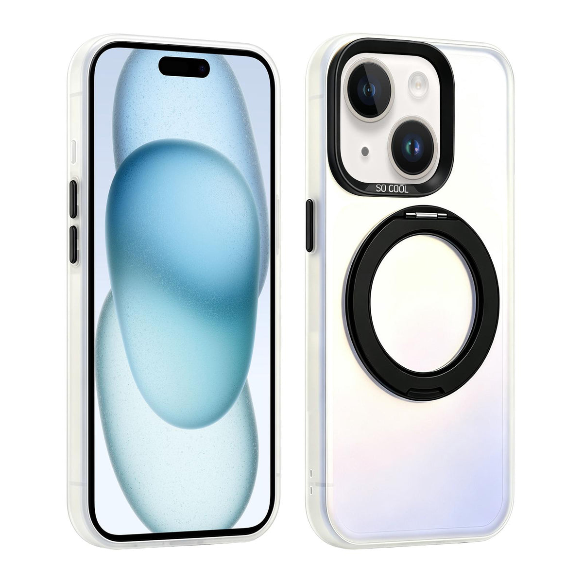 For iPhone 15 Aurora 2.0 PC Hybrid TPU Laser Magnetic Phone Case with Rotating Holder - Black - EDA009948809F