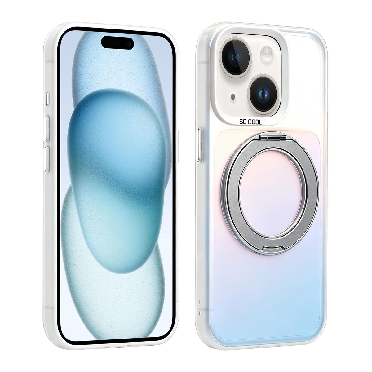 For iPhone 15 Aurora 2.0 PC Hybrid TPU Laser Magnetic Phone Case with Rotating Holder - Grey - EDA009948809H