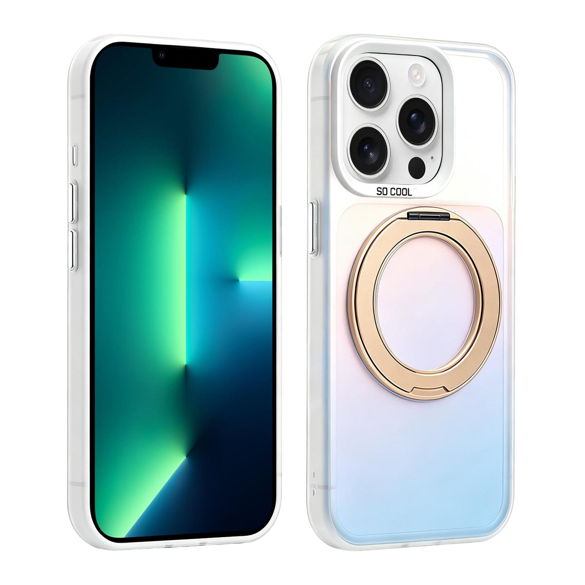 For iPhone 13 Pro Max Aurora 2.0 PC Hybrid TPU Laser Magnetic Phone Case with Rotating Holder - Gold - EDA009948813D