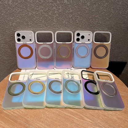 For iPhone 16 Aurora 2.0 PC Hybrid TPU Laser Magnetic Phone Case with Rotating Holder - Silver - EDA009948806B