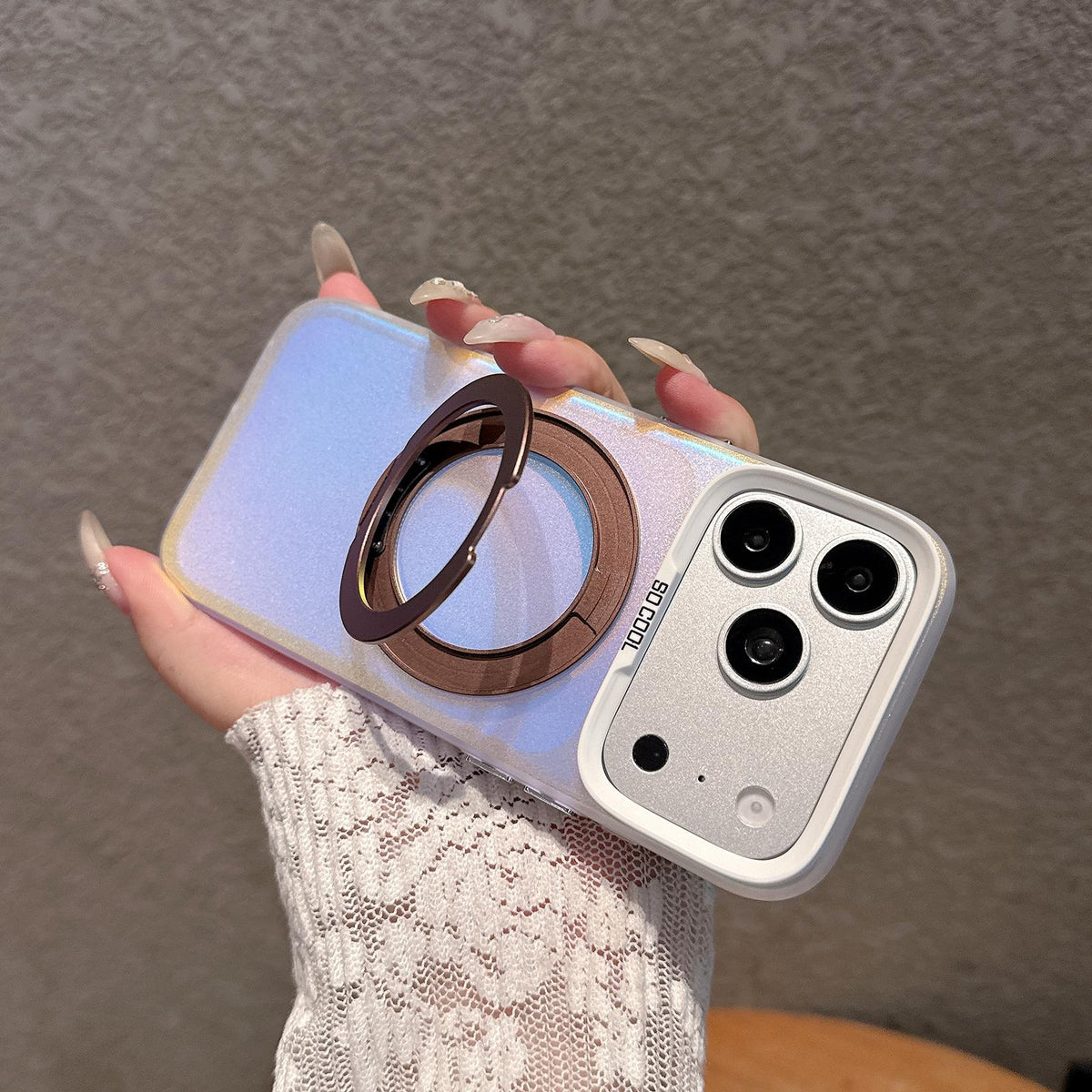 For iPhone 17 Pro Max Aurora 2.0 PC Hybrid TPU Laser Magnetic Phone Case with Rotating Holder - Silver - EDA009948801B