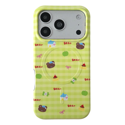 For iPhone 18 Pro Max / 17 Pro Max Graffiti Pattern 2 in 1 PC Hybrid TPU Phone Case - Green Plaid Bear - EDA009949601B