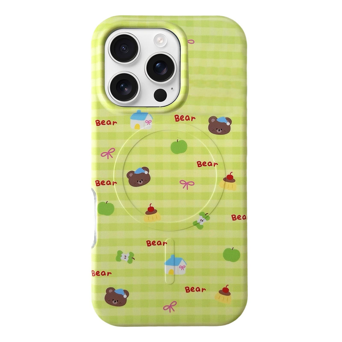 For iPhone 16 Pro Graffiti Pattern 2 in 1 PC Hybrid TPU Phone Case - Green Plaid Bear - EDA009949605B