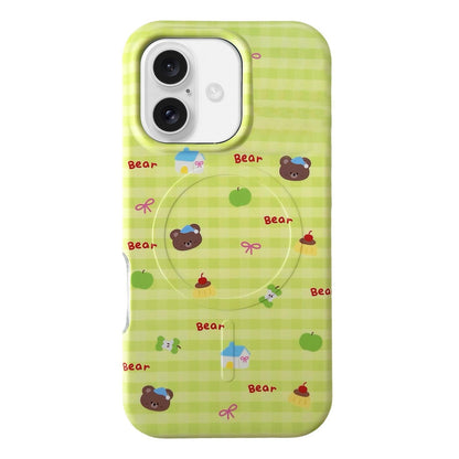 For iPhone 16 Graffiti Pattern 2 in 1 PC Hybrid TPU Phone Case - Green Plaid Bear - EDA009949606B