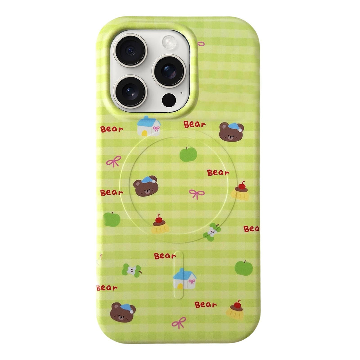 For iPhone 15 Pro Max Graffiti Pattern 2 in 1 PC Hybrid TPU Phone Case - Green Plaid Bear - EDA009949607B