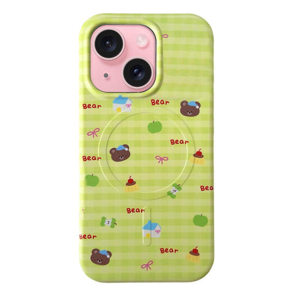 For iPhone 15 Graffiti Pattern 2 in 1 PC Hybrid TPU Phone Case - Green Plaid Bear - EDA009949609B