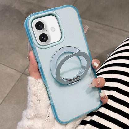 For iPhone 17 Dual-Color Translucent Matte Magnetic Phone Case with Foldable Metal Holder - Blue - EDA009949903A