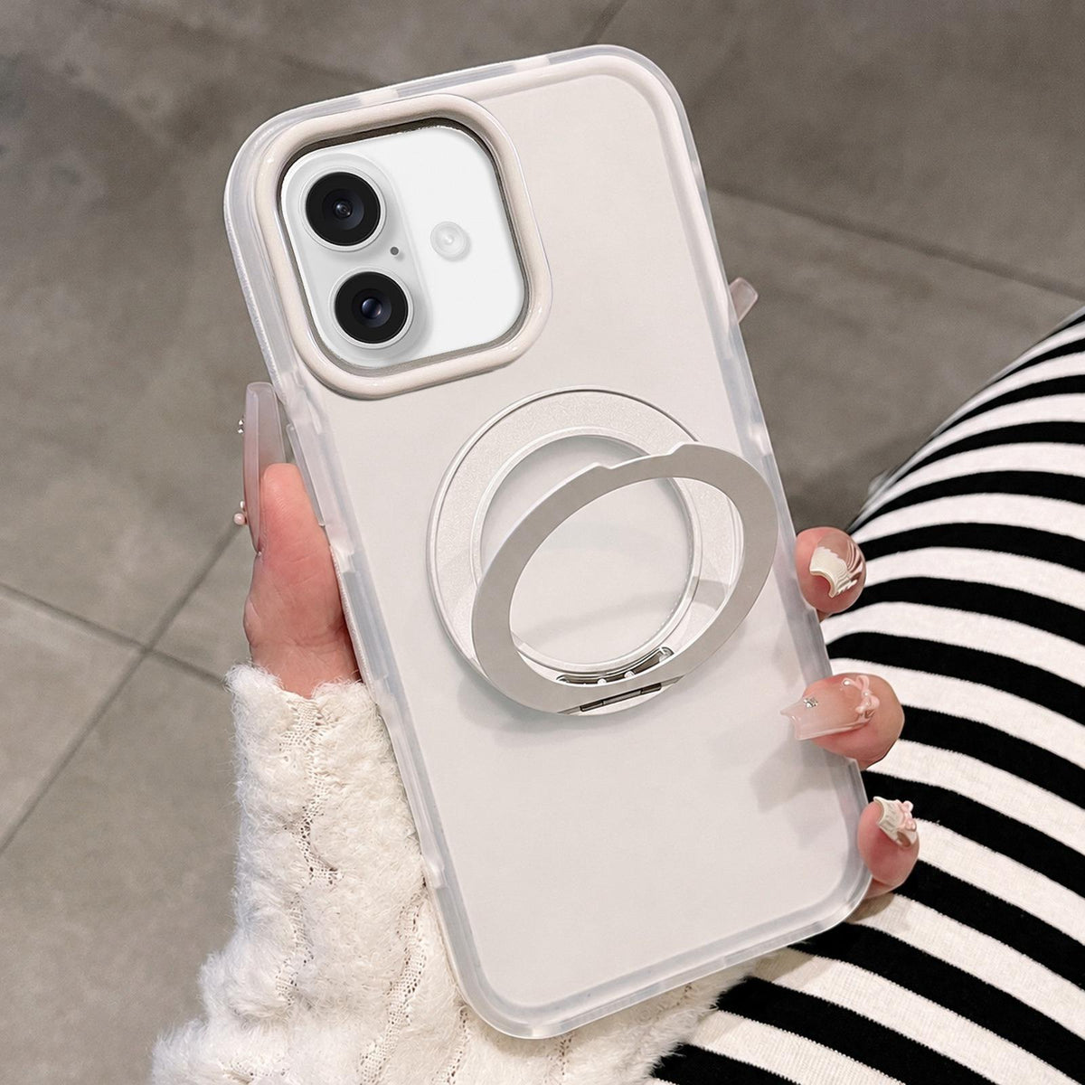 For iPhone 17 Dual-Color Translucent Matte Magnetic Phone Case with Foldable Metal Holder - White - EDA009949903C