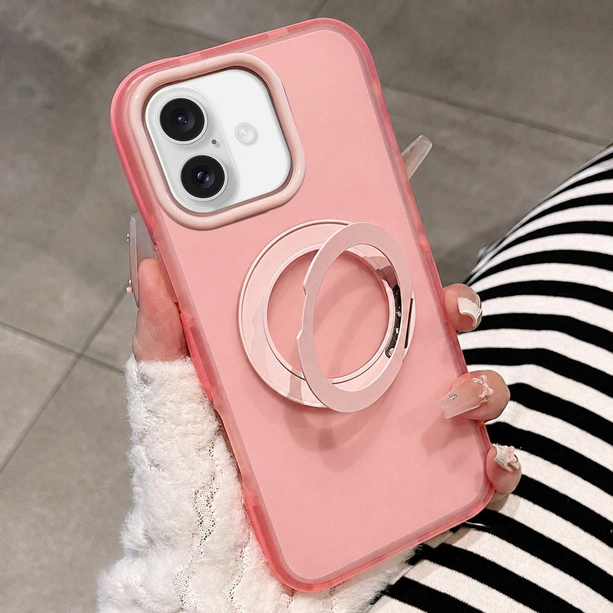 For iPhone 17 Dual-Color Translucent Matte Magnetic Phone Case with Foldable Metal Holder - Pink - EDA009949903D