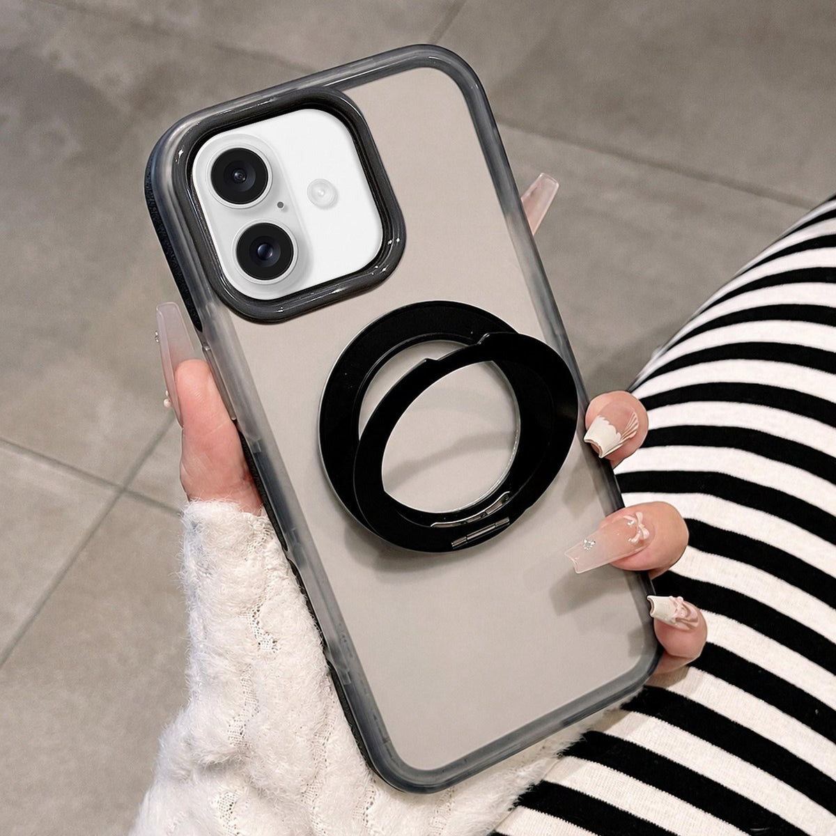For iPhone 17 Dual-Color Translucent Matte Magnetic Phone Case with Foldable Metal Holder - Black - EDA009949903F