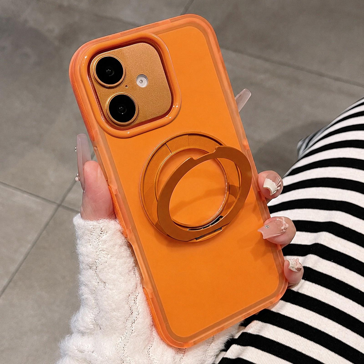 For iPhone 17 Dual-Color Translucent Matte Magnetic Phone Case with Foldable Metal Holder - Orange - EDA009949903G