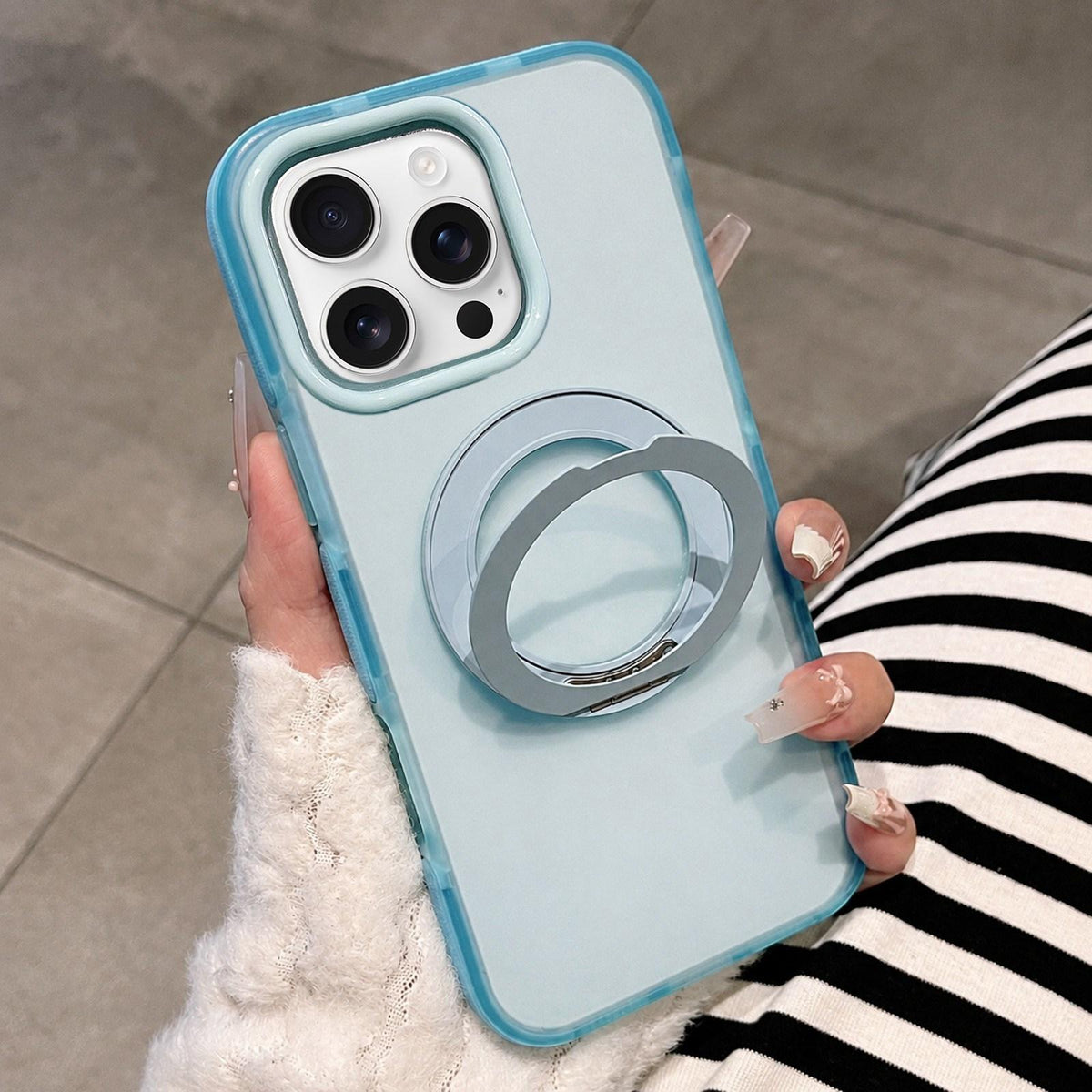 For iPhone 16 Pro Max Dual-Color Translucent Matte Magnetic Phone Case with Foldable Metal Holder - Blue - EDA009949904A