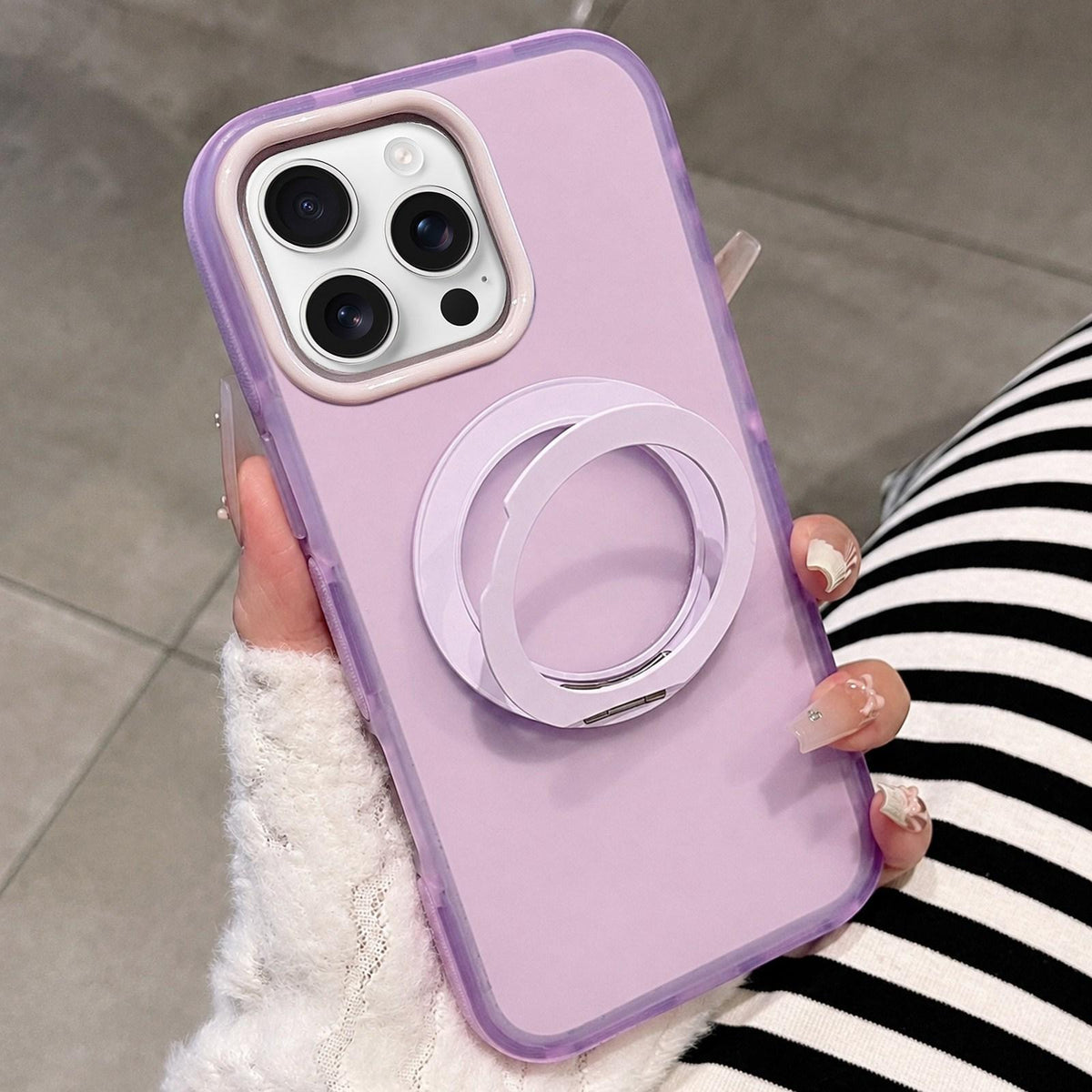 For iPhone 16 Pro Max Dual-Color Translucent Matte Magnetic Phone Case with Foldable Metal Holder - Purple - EDA009949904B