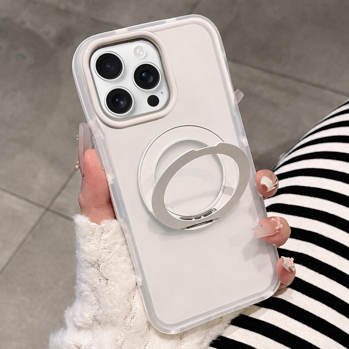 For iPhone 16 Pro Max Dual-Color Translucent Matte Magnetic Phone Case with Foldable Metal Holder - White - EDA009949904C