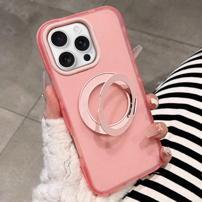 For iPhone 16 Pro Max Dual-Color Translucent Matte Magnetic Phone Case with Foldable Metal Holder - Pink - EDA009949904D