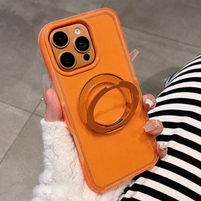 For iPhone 16 Pro Max Dual-Color Translucent Matte Magnetic Phone Case with Foldable Metal Holder - Orange - EDA009949904G